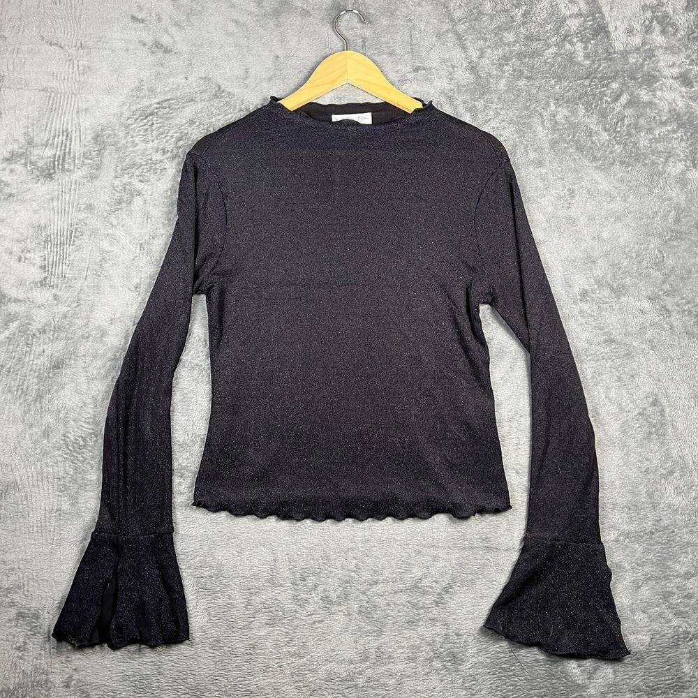 Jessica Simpson Savana Sparkle Knit Blouse Top Womens Small Black Flared Sleeve